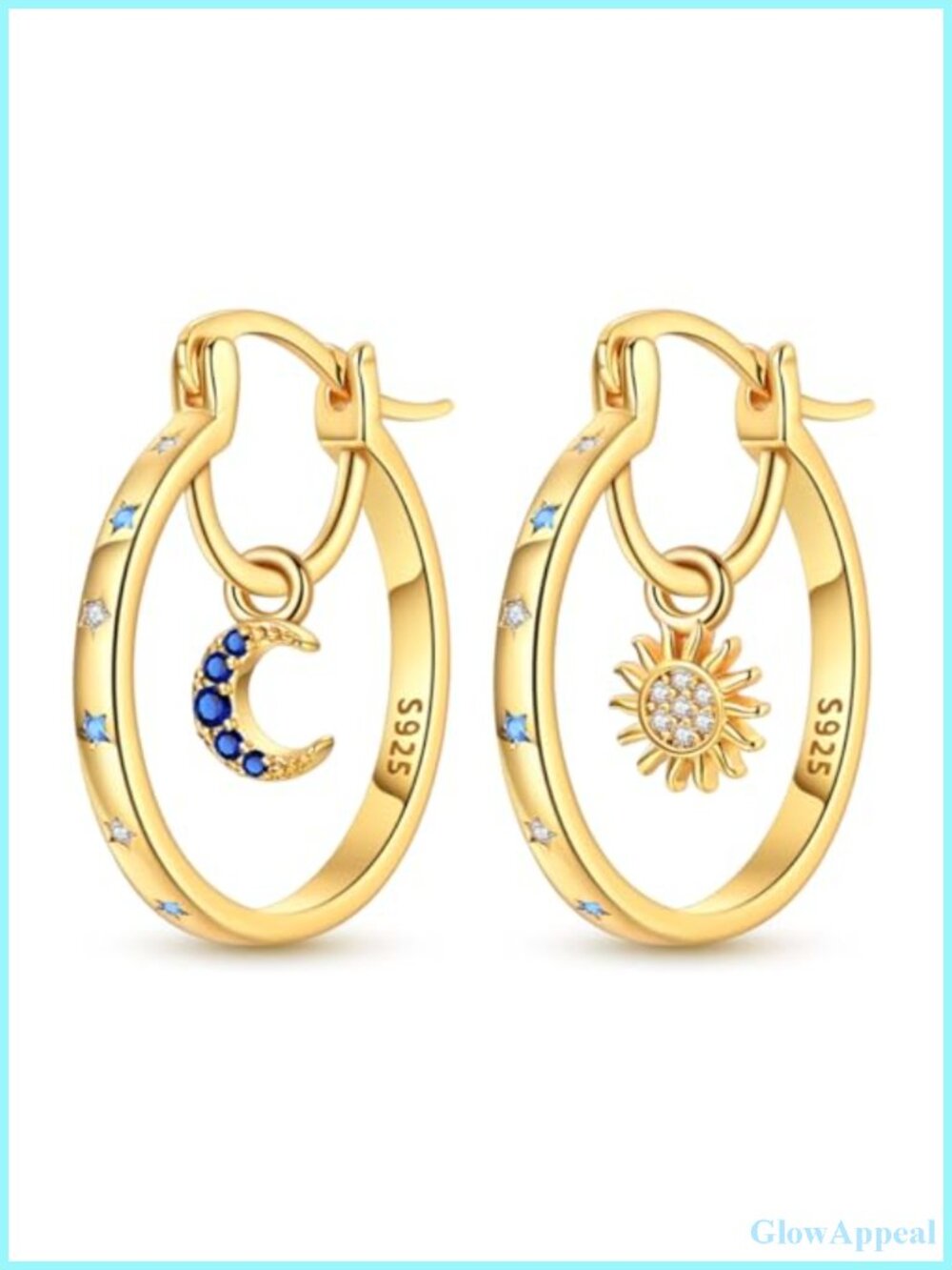 14K Gold Plated Hoop Earrings for Women Lightweight Star Moon Sun Hoops